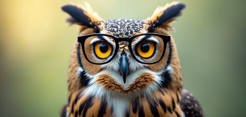 Fototapeta premium Wise owl bird wears black glasses staring intently. Avian creature with sharp eyes, feathered face, and vision. Intelligent animal headshot for educational themes.