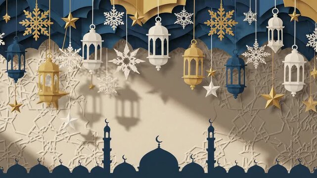 Hanging lanterns and stars with mosque silhouette and arabic pattern