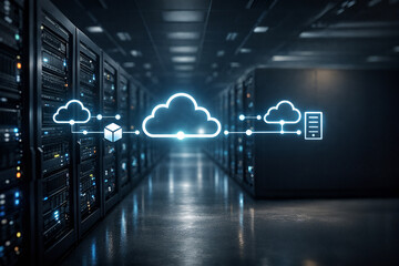 Cloud computing icons over server racks in a modern data center