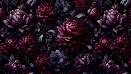 Obraz premium A dark moody floral seamless pattern with plum and burgundy flowers on black, Ai generated image