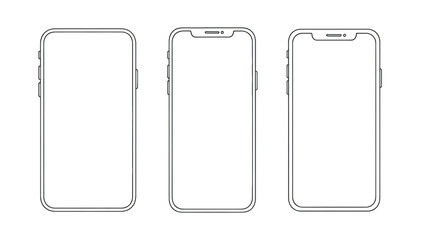 Three outline smartphone outlines on black background mobile device