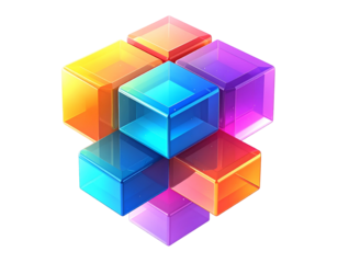 A vibrant, multi-colored translucent cube structure floating in space