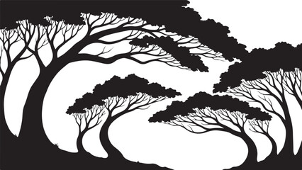 Moody dark enchanted forest silhouette featuring dense trees, mysterious woodland shapes, and a magical atmosphere