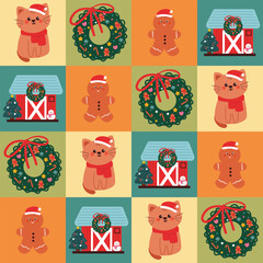 cute Christmas element pattern in patchwork style for Christmas and winter wallpaper, background and gift wrap paper