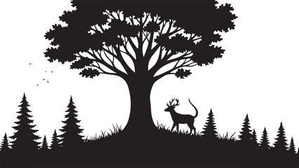 Moody dark enchanted forest silhouette featuring dense trees, mysterious woodland shapes, and a magical atmosphere