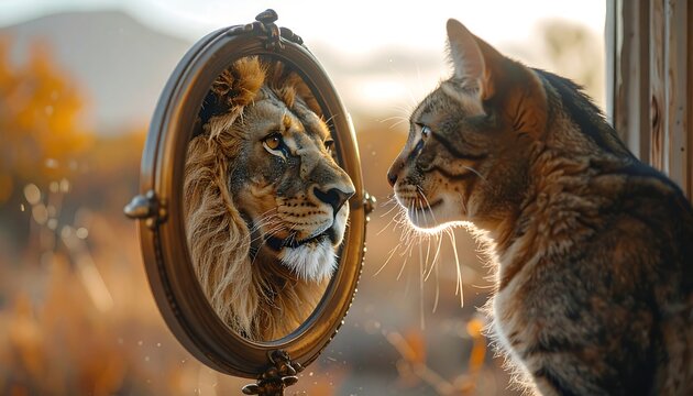 A domestic feline gazing into an ornate mirror, its reflection morphing into a majestic lion with a sunlit background