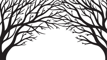 Moody dark enchanted forest silhouette featuring dense trees, mysterious woodland shapes, and a magical atmosphere