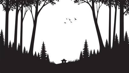 Moody dark enchanted forest silhouette featuring dense trees, mysterious woodland shapes, and a magical atmosphere