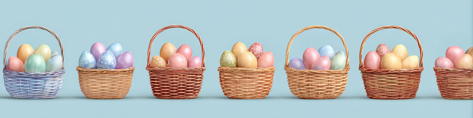 Colorful Easter eggs in wicker baskets, festive spring holiday concept, pastel painted eggs, celebration decoration isolated on light pastel blue background Banner