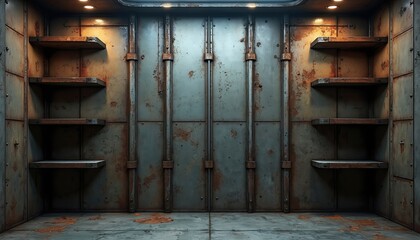 Industrial metal room with empty shelves. Grungy wall panels show rust and wear. Futuristic storage space with symmetrical design. Dark metallic background for sci fi scenes.