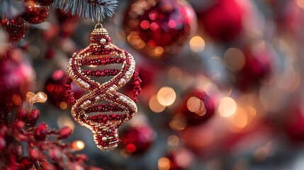 Intricate beaded Christmas ornament in the shape of a DNA double helix amidst red baubles