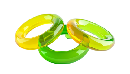Three interconnected, glossy, translucent rings in shades of yellow and green