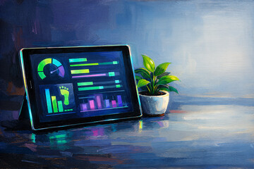 Carbon Footprint Data Dashboard on Tablet with Potted Plant