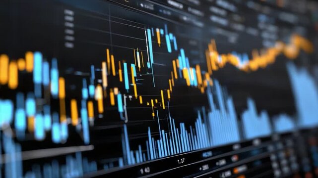 Close-up view of a financial trading chart displaying colorful candlestick patterns and data trends, representing market fluctuations and investment opportunities.