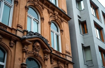 Obraz premium Old ornate building facade next to modern grey structure. Architectural contrast shows historic charm and contemporary minimalism. Old and new structures stand side by side.