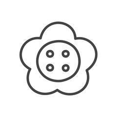 Cute clothing button icon. Monochrome doodle illustration of small floral-shaped button with four holes, craft and sewing themed element. Kawaii sticker. Vector 10 EPS.