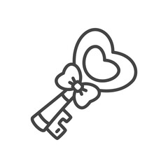 Cute key icon. Monochrome hand drawn illustration of a magic key with heart-shaped head and ribbon bow. Kawaii sticker. Vector 10 EPS.