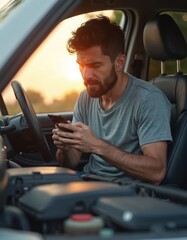 Obraz premium Man upset uses phone for roadside assistance after car breaks down on road. Driver needs urgent help with auto engine issue, feeling stressed. He calls for repair service, looking for solutions.