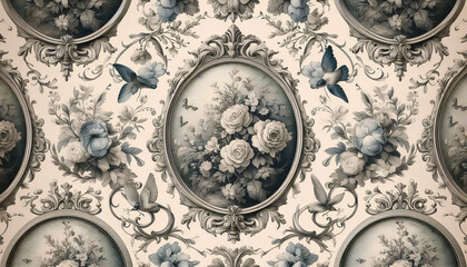Obraz premium A French Toile de Jouy vintage cameos with flowers birds butterflies, Ai generated image
