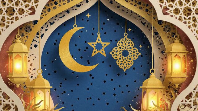Islamic archway with crescent moon, stars, ornamental pattern and lanterns