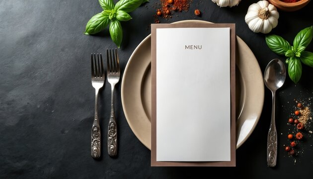 Overhead view of restaurant table setting with blank menu, plate, cutlery, basil, garlic, and spices. Culinary background for dining or cookery needs. Ready for a meal.