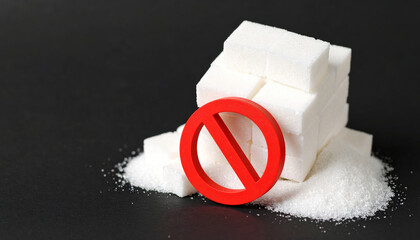 No sugar diet concept with white sugar cubes and red prohibition sign symbolizing no sugar free food for healthy nutrition and diabetes medical