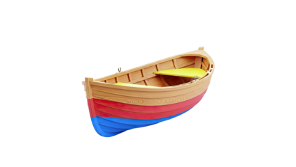 Wooden Rowboat with Red and Blue Hull