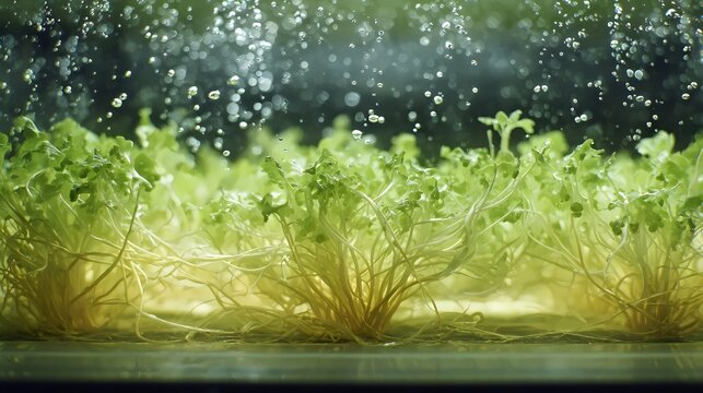 Fresh green lettuce seedlings thriving in a hydroponic setup, showcasing their delicate roots and vibrant leaves.