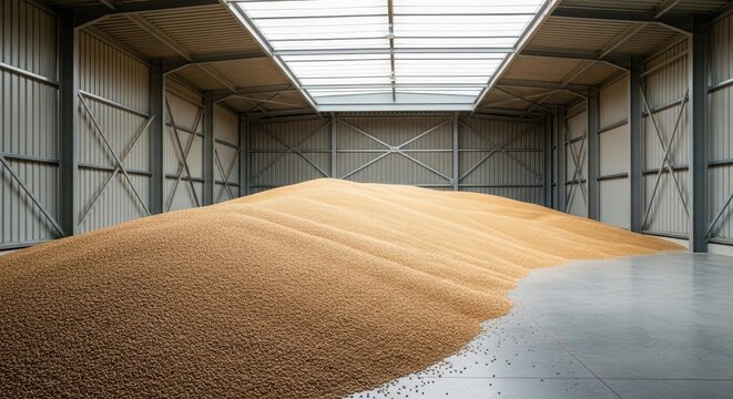 Vast pile of harvested grain stored inside a large industrial warehouse with natural light filtering from the roof