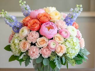 Obraz premium Exquisite flower arrangement featuring roses, peonies, and hydrangeas indoor