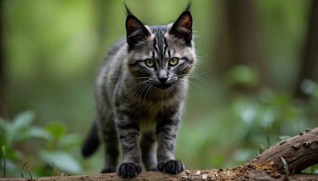 Lykoi cat with unique patchy fur stands on tree branch in forest. Green eyes stare intensely. Wild animal portrait, mysterious creature. Feline looks like werewolf. Woodland setting.