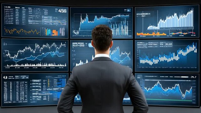 A focused businessman analyzes market trends displayed on multiple screens, showcasing data visualization, analytics, and finance strategies for effective decision-making.