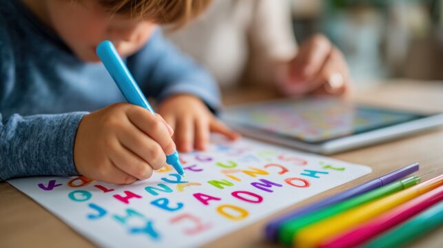 A child writes letters in a workbook with help from a parent. Colorful letters are visible on a tablet. This scene shows a home learning activity for young children