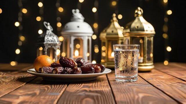Still life of dates, orange, and glass of water on a wooden table with lanterns and ramadhan background