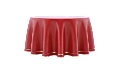 Round table draped with a red tablecloth with gold trim