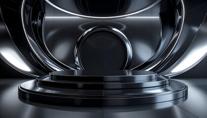 Sleek, futuristic stage with reflective chrome and a central circular frame