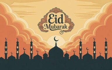 Eid Mubarak celebration with beautiful mosque silhouette at sunset