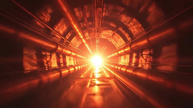 Tunnel illuminated with vibrant red light radiating from central point with parallel cylindrical structures and reflection