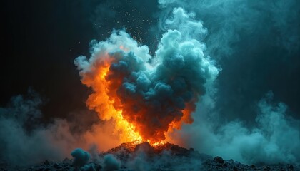 Heart shape made of fire and smoke. Red flames erupt from fiery mountain base. Blueish clouds billow, creating dramatic contrast against dark sky. Sparks fly upwards.