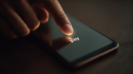 A finger reaches out to tap the pay button on a smartphone screen. The setting suggests a focus on mobile payment and online transactions. The background is dark and blurred, highlighting the action