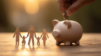 A hand is placing a coin into a piggy bank while paper cut figures of a family stand by on a table. The setting has warm light and suggests planning for the future and financial security