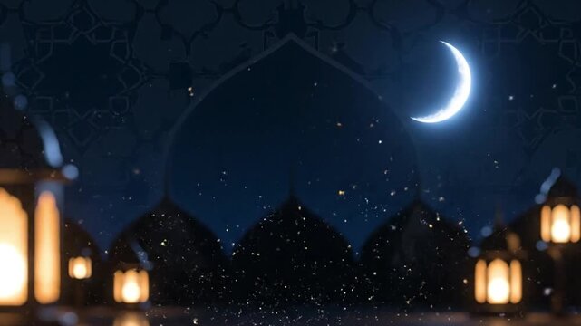 timeless Ramadan night background animation peaceful Islamic atmosphere crescent moon glowing softly lantern silhouettes in distance warm golden bokeh and floating light particles calm dark blue sky r