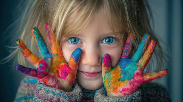 Child holds hands up with colorful paint on the skin while smiling indoors at a creative activity session during the day