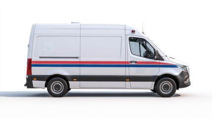 The image shows a modern ambulance van with a simple design featuring red and blue stripes. The vehicle has a medical cross symbol and is isolated on a white background