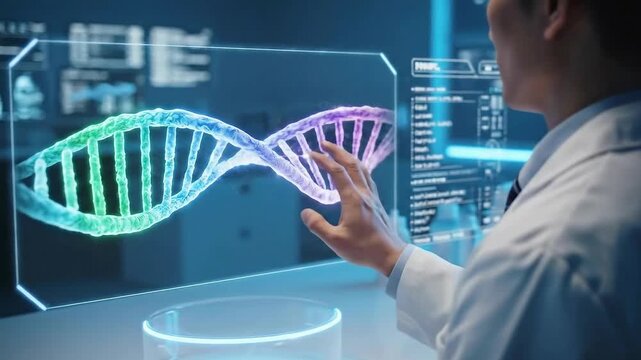 Scientist analyzing DNA sequence on futuristic screen in modern lab