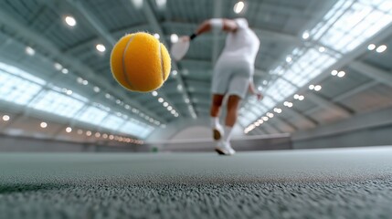 A male tennis player executes a powerful serve in an indoor arena. The bright space showcases a vibrant yellow ball in motion, reflecting the intensity of the moment and the athlete's concentration