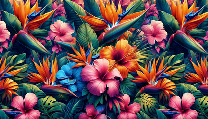 A bright tropical exotic floral seamless pattern, Ai generated image