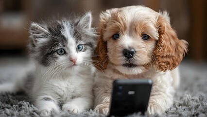 kitten and a puppy are holding a cell phone, they are talking on the phone, they are smiling and look happy