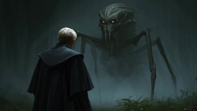 A figure stands in a dark forest facing a large creature with long legs and glowing eyes. The environment is foggy, creating a tense moment as they prepare to confront each other