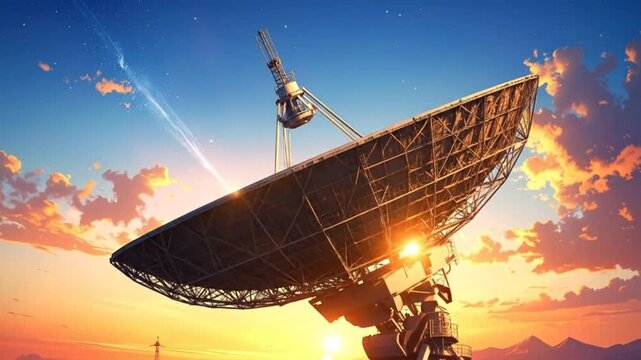Giant Satellite Dish Captures Signals from Space at Sunset.